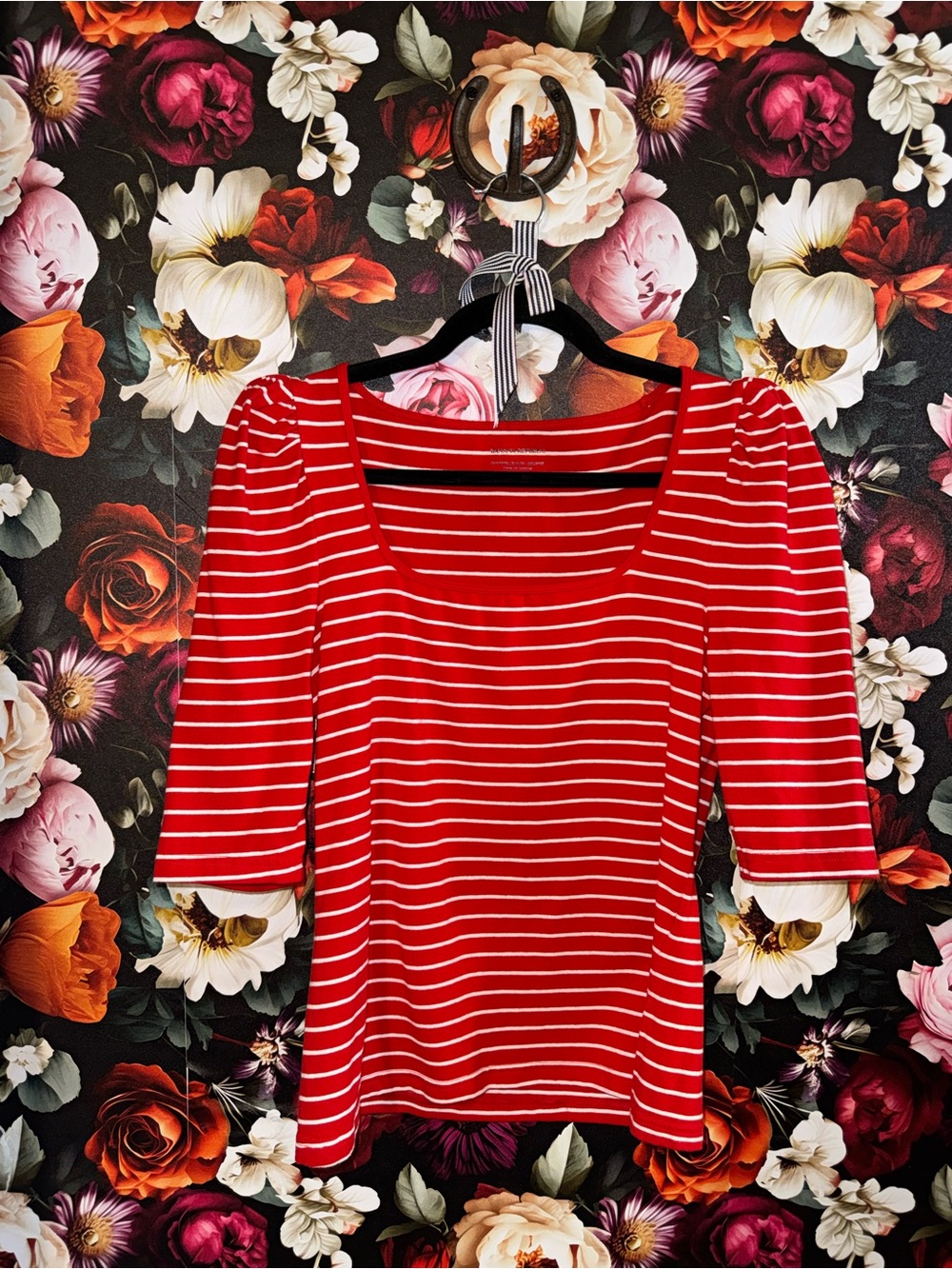 Banana Republic Red & White Modal Striped Scoop Neck Puff Sleeve Top, Medium
